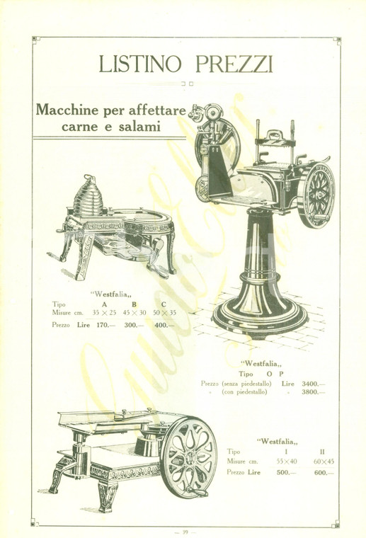 1920 TRENTO Guido ELLER Listino prezzi Macchine per affettare carne *Documento