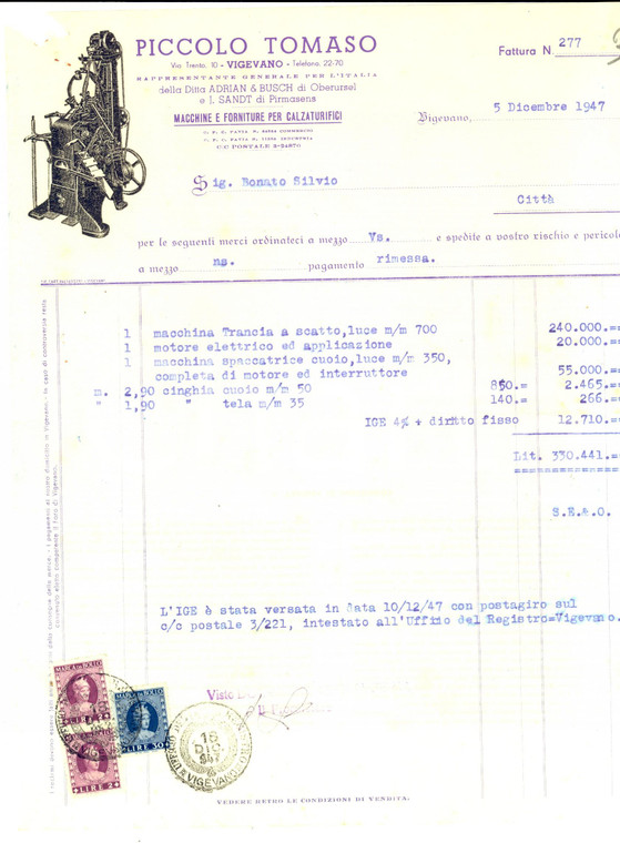 1947 VIGEVANO (PV) Ditta Tomaso PICCOLO Macchine per calzaturifici *Fattura