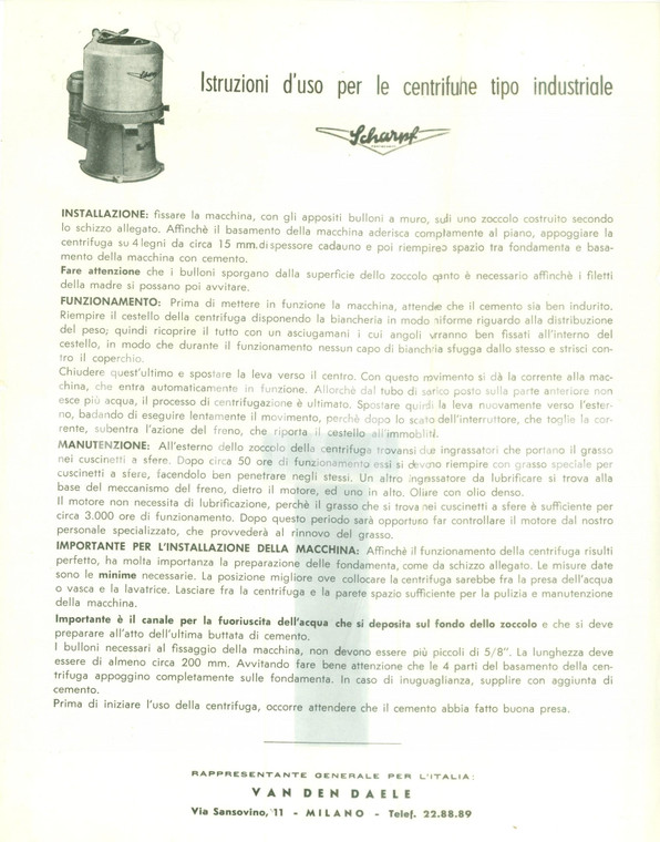 1955 ca MILANO Ditta SCHARPF Istruzioni per centrifughe di tipo industriale