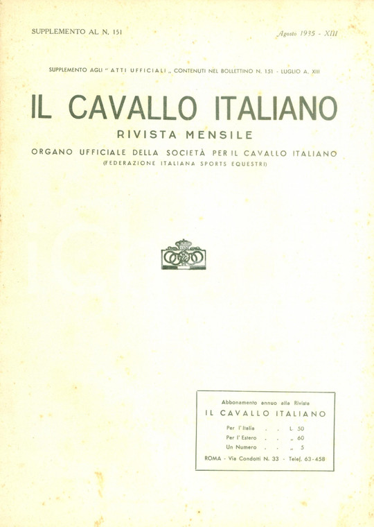 1935 IL CAVALLO ITALIANO Rivista FISE Programmi ufficiali manifestazioni ippiche