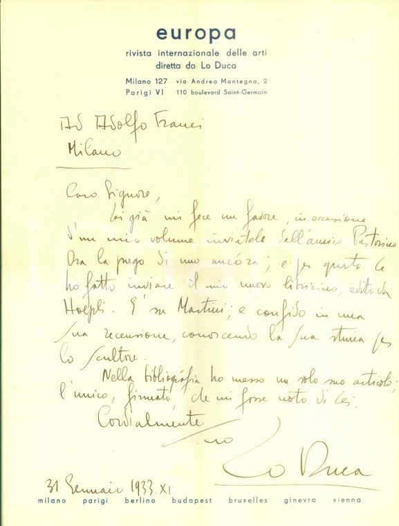 1933 MILANO Joseph-Marie LO DUCA invia volume su Arturo MARTINI *AUTOGRAFO