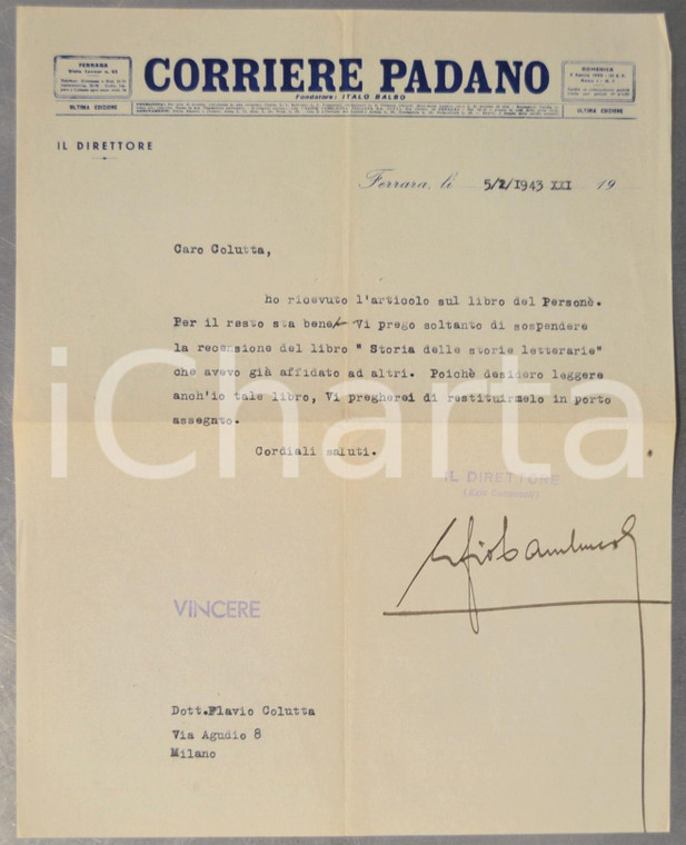 1943 FERRARA Corriere Padano Ezio CAMUNCOLI chiede restituzione di un libro