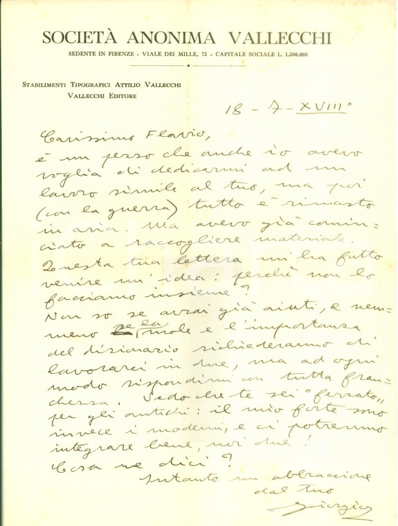 1940 FIRENZE Giorgio CARTEI si offre di collaborare al Dizionario dei letterati