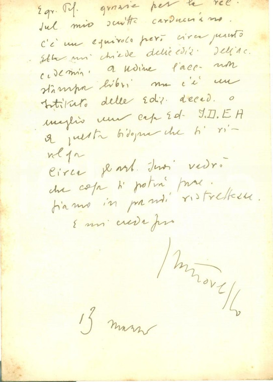 1936 UDINE Letterato Francesco FATTORELLO ringrazia per recensione *AUTOGRAFO