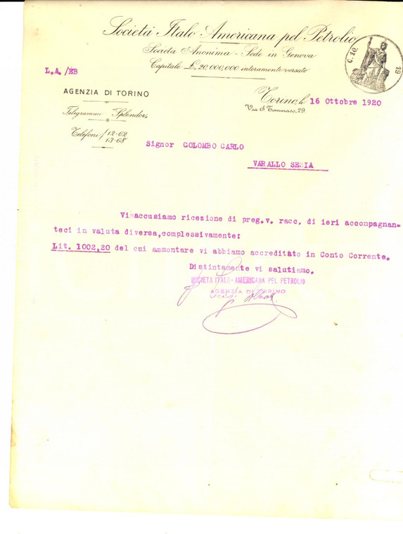 1920 TORINO Società Italo-americana pel petrolio *Lettera commerciale