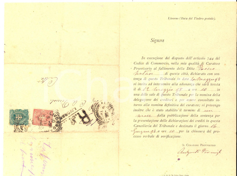 1898 LIVORNO Convocazione per fallimento ditta Rocco SCUTARI *Lettera
