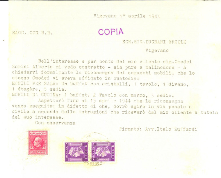 1944 VIGEVANO Alberto OMODEI ZORINI chiede restituzione dei mobili della sala