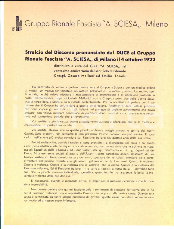 1922 MILANO Gruppo Rionale SCIESA - Stralcio discorso di MUSSOLINI pro Caduti