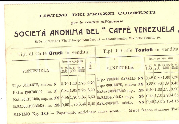 1910 ca TORINO Società Anonima CAFFE' VENEZUELA Listino dei prezzi correnti