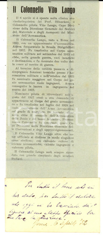 1932 ROMA In morte del colonnello Vito LONGO *Articolo con preghiera manoscritta