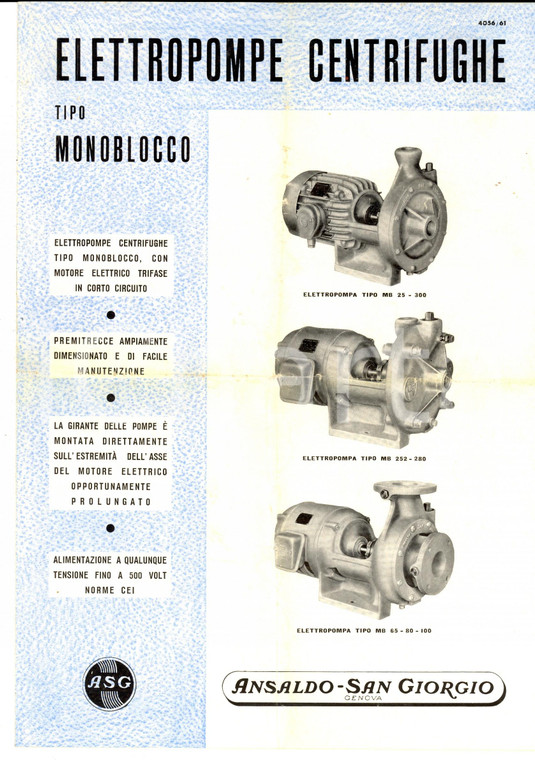 1961 GENOVA ANSALDO Elettropompe centrifughe tipo monoblocco *Pubblicitario