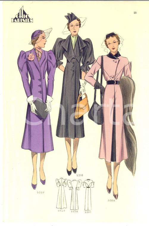 1930 ca Moda donna ANNI '30 CHIC PARISIEN Abiti lunghi e cappelli con veletta
