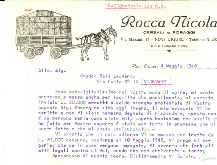 1948 NOVI LIGURE (AL) Nicola ROCCA cereali e formaggi *Lettera carta intestata