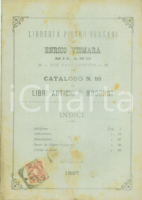 1897 MILANO Libreria Pietro VERGANI Enrico VISMARA Libri antichi e moderni
