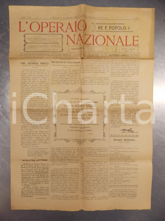 1902 BOLOGNA L'OPERAIO NAZIONALE Comitato ringrazia Alfonso GIBELLI *Giornale
