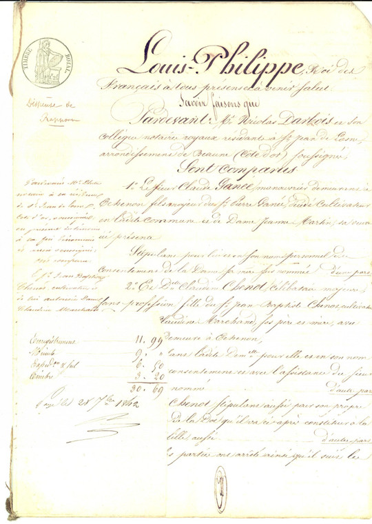 1838  ECHENON (FE) Contratto di matrimonio e dote Claudine CHENOT *Manoscritto