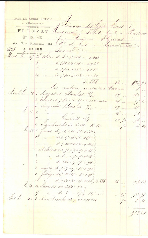 1875 BUSSIERES (F) Maître de bois FLOUVAT ébéniste *Mémoire des travaux