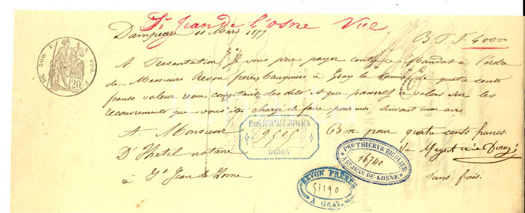 1857 DAMPIERRE (F) Cambiale all'ordine del notaio DHETEL *THIERY & RIGOLIER