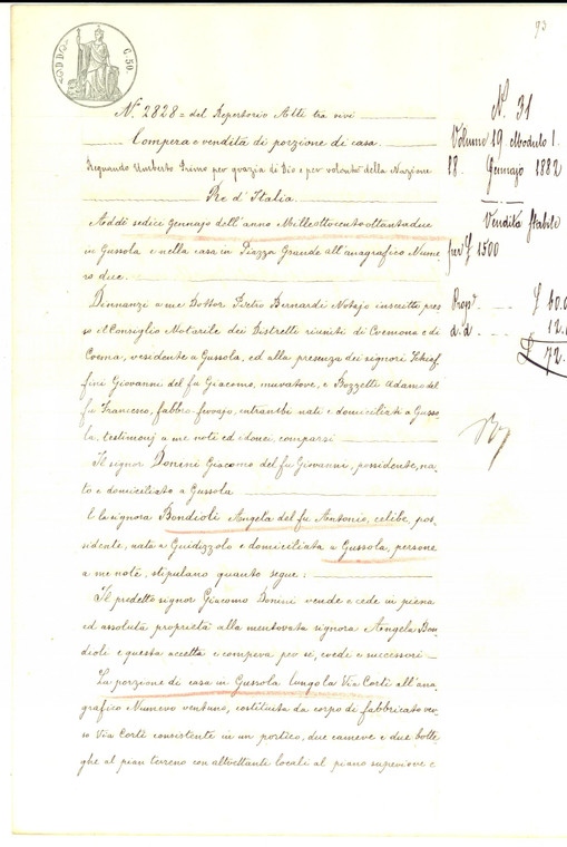 1882 GUSSOLA (CR) Giacomo DONINI vende porzione di casa in via CORTI con bottega