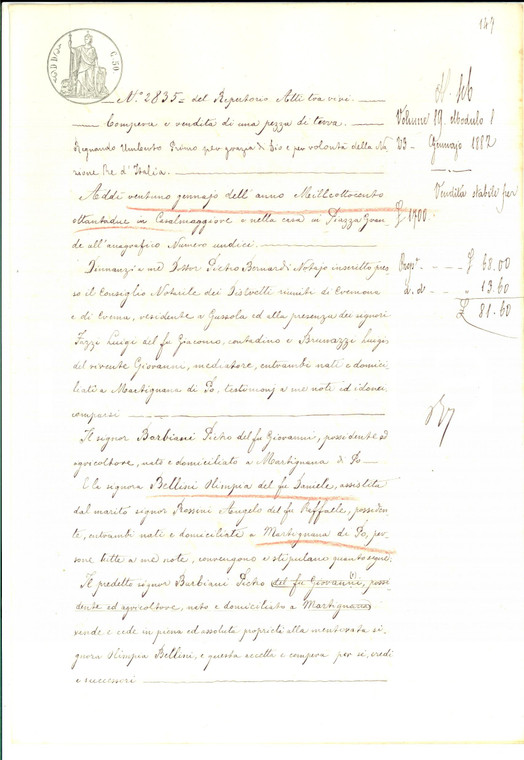 1882 MARTIGNANA PO (CR) Pietro BARBIANI vende fondo DELFINO a Olimpia BELLINI