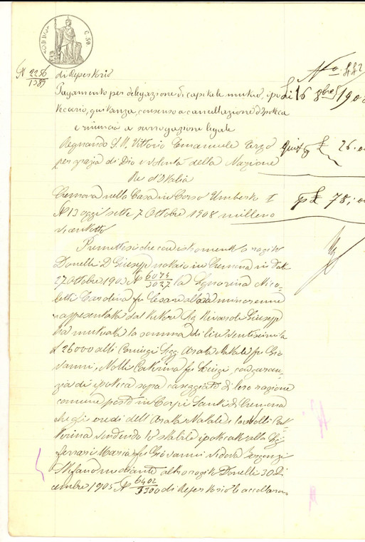 1908 CREMONA Quietanza prestito di Carolina NICOLETTI a Maria FERRARI BERGONZI
