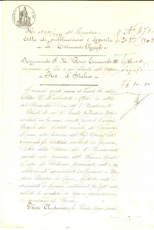 1908 CREMONA Atto pubblicazione testamento di Luigia FAVERZANI Manoscritto