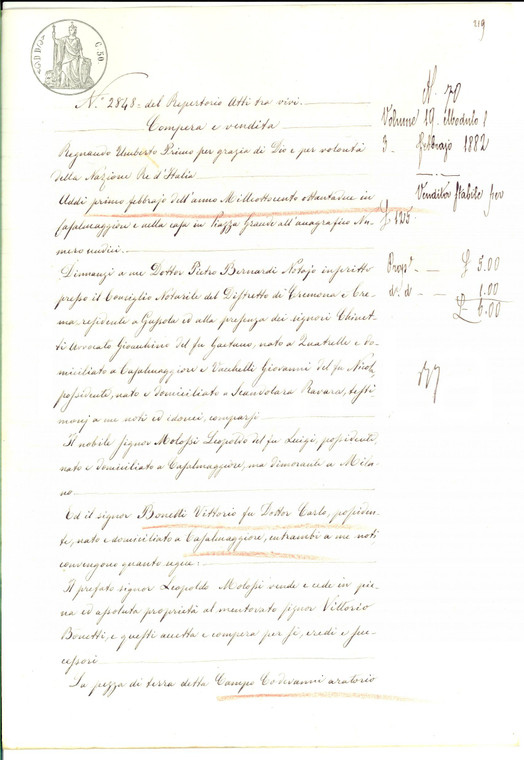 1882 CASALMAGGIORE (CR) Nobile Leopoldo MOLOSSI vende campo CODEVANI a BONETTI
