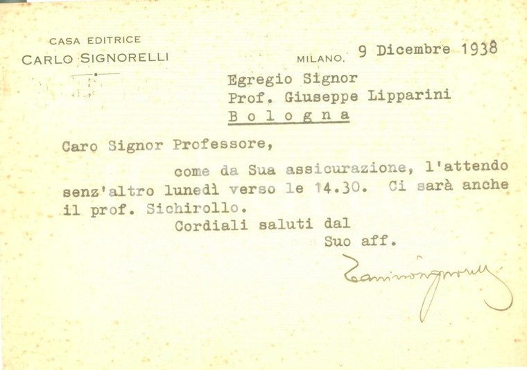 1938 MILANO Editore Gaetano SIGNORELLI fissa un incontro con Giuseppe LIPPARINI