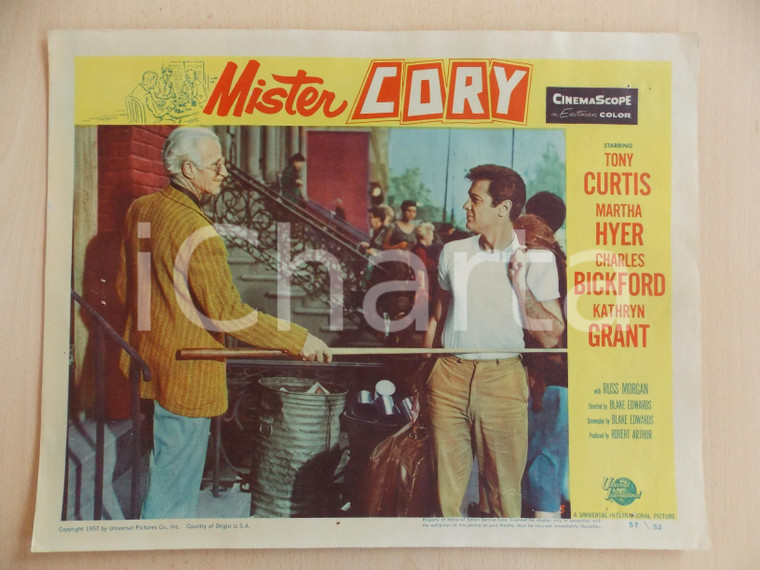1957 MISTER CORY Henry DANIELL blocca Tony CURTIS con stecca biliardo LOBBY CARD