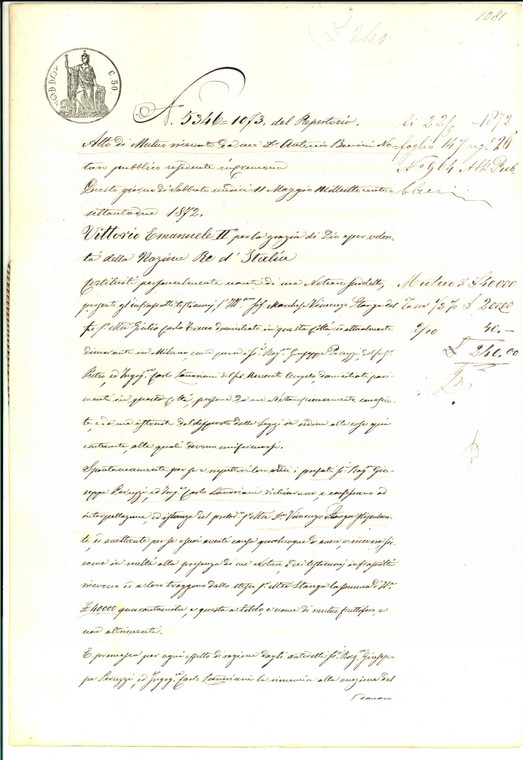 1872 CREMONA Contratto di mutuo tra marchese Vincenzo STANGA e Giuseppe PERUZZI