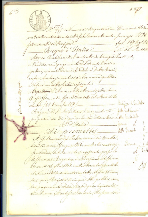 1871 CASTELLEONE Ratifica vendita Beneficio FIAMENI a Società STRADE FERRATE