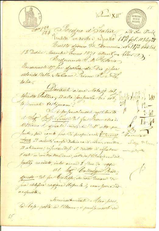 1871 OSTIANO Luigi BOSSI vende casa a Redigondo CALLEGARI *Manoscritto