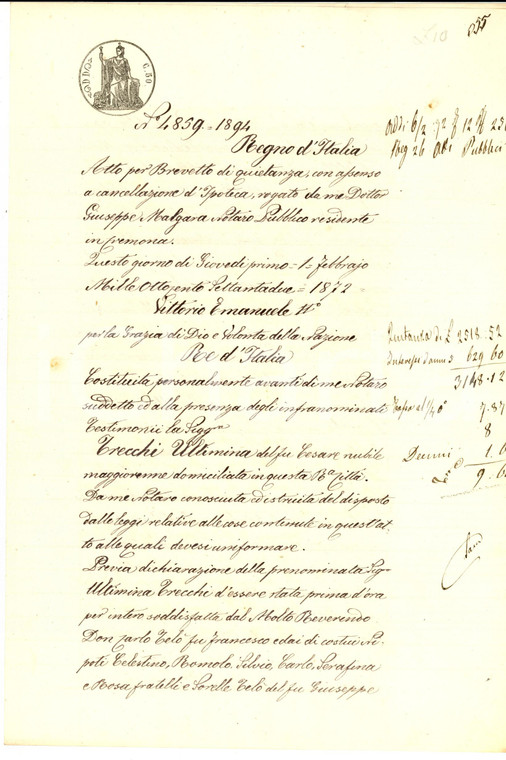 1872 CREMONA Quietanza di Ultimina TRECCHI pro don Carlo TELO' e nipoti