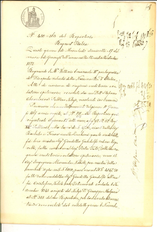 1872 CREMONA Cessione di ragioni Pietro TATI a Maria FRASCHINI su eredi NOBILI