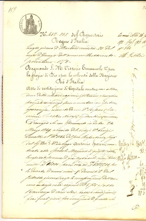 1872 CREMONA Restituzione capitale mutuo Pietro BAROLI pro Congregazione Carità