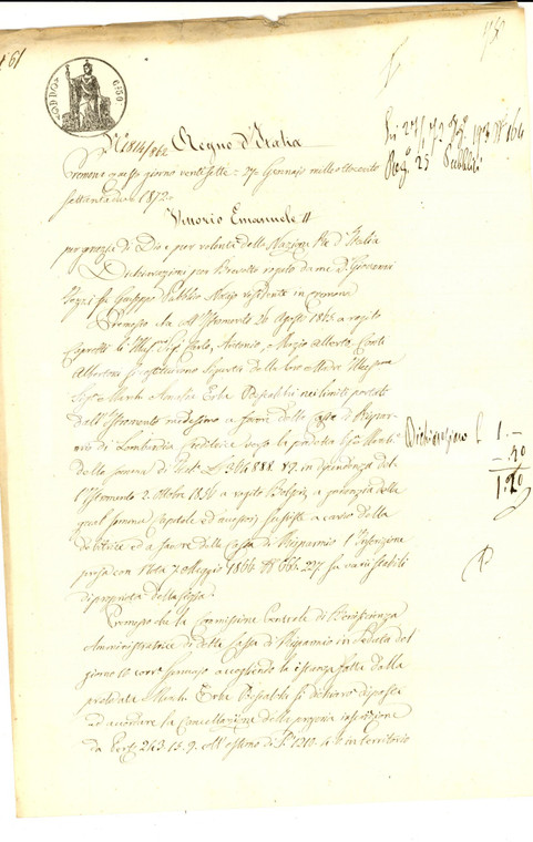 1872 CREMONA Quietanza pro marchesa Amalia ERBA ODESCALCHI *Manoscritto