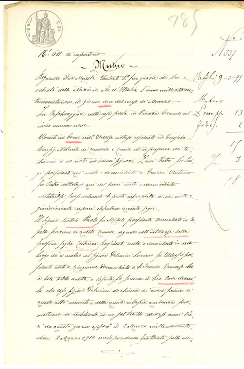 1899 CASALMAGGIORE Contratto mutuo tra Paolo BOTTOLI e Luciano GELMINI