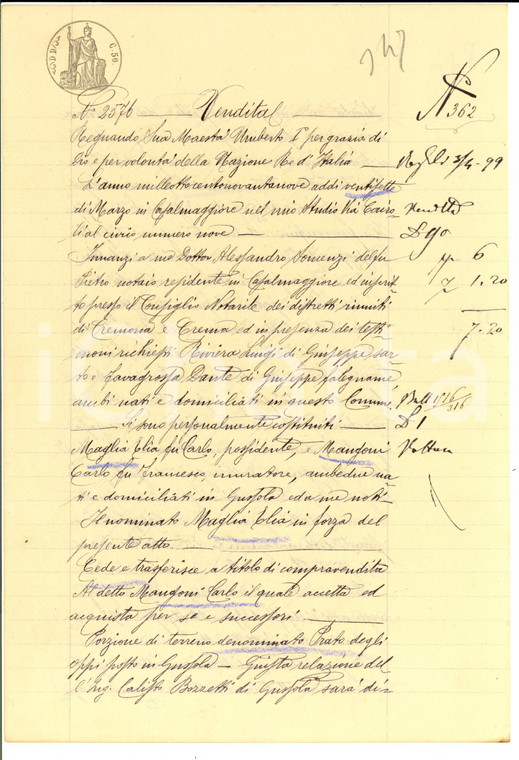 1899 GUSSOLA (CR) Elia MAGLIA vende Prato degli OPPI a Carlo MANGONI