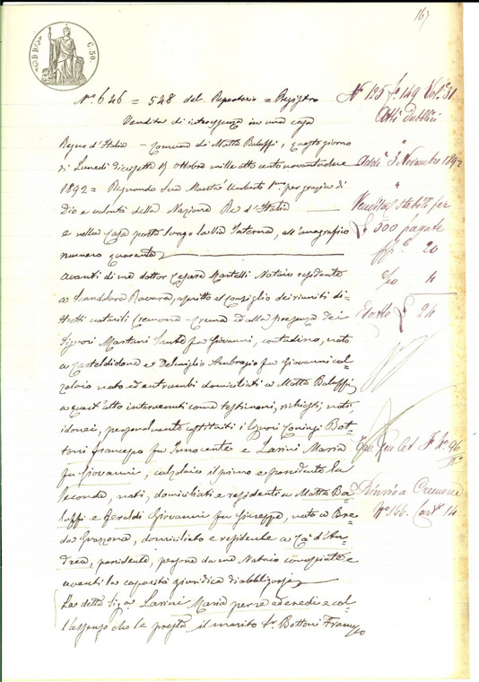1892 MOTTA BALUFFI (CR) Maria LARINI vende a Giovanni FEROLDI casa con orto