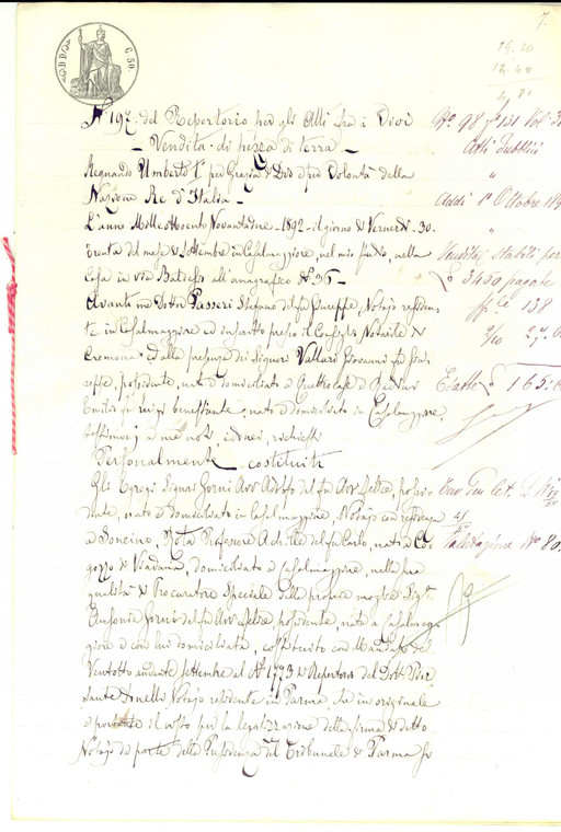 1892 CASALBELLOTTO (CR) Adolfo GORNI vende fondo ai fratelli LODI-RIZZONI
