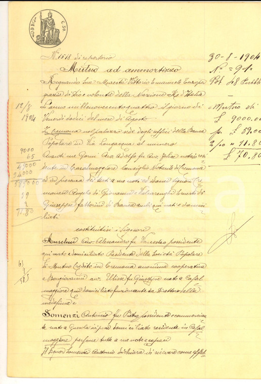 1904 CREMONA Prestito Società Popolare di Mutuo Credito ad Antonio SOMENZI