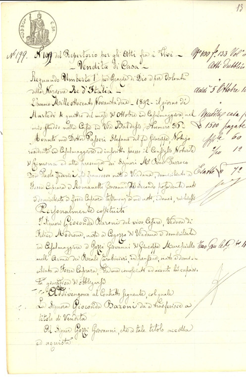 1892 FOSSACAPRARA Gioconda BARONI vende casa a Giovanni GOZZI *Manoscritto