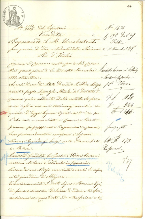 1881 COLOMBAROLO (CR) Egidio PONZONI vende podere alla vedova Giuditta RAIMONDI