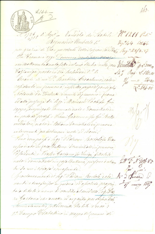 1887 CAVALLARA (CR) Bortolo PEDRONI vende campo TRABALLINO a Gaetano FRAZZI 