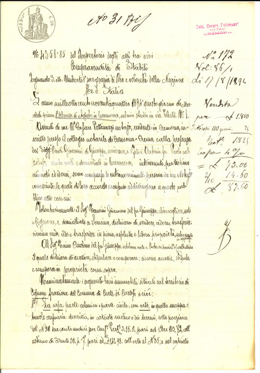 1894 CORTE DE' CORTESI Giacomo TANZINI vende casa colonica a Omobono TAINO