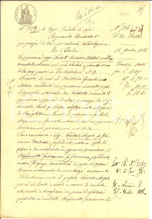 1886 CORTE DE' CORTESI Angelo CHIROLI vende a Giovanni BASSANETTI casa colonica