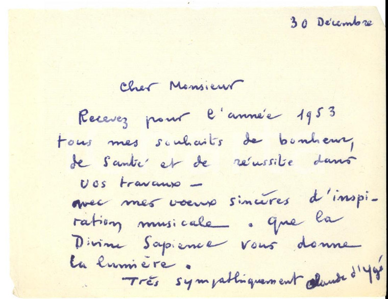 1953 PARIS (?) Auguri di Claude D'YGE' a un musicista *Biglietto AUTOGRAFO