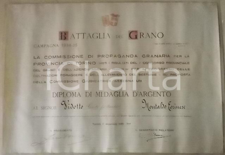 1935 MONTALDO TORINESE Campagna Battaglia del Grano Diploma di Giusto VIDOTTO