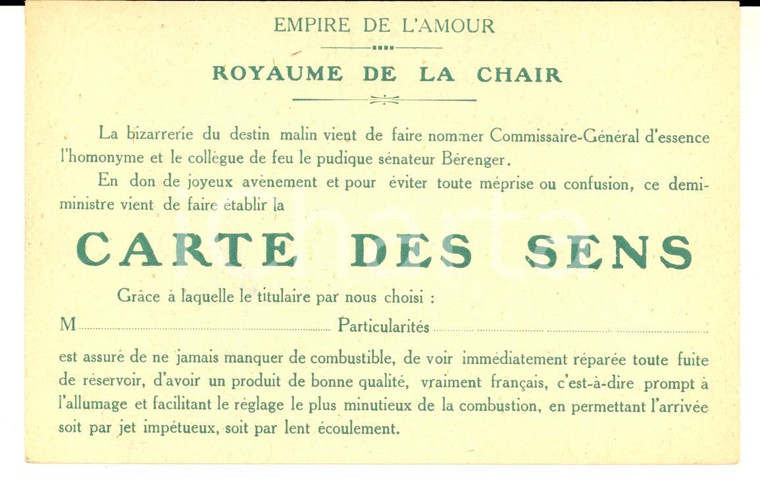 1910 CARTE DES SENS Royaume de la chair *Carte postale satirique BERENGER
