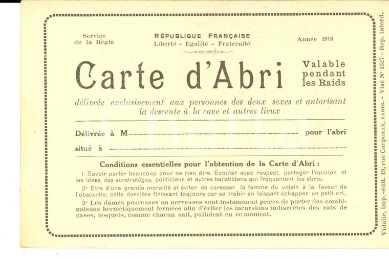 1918 WW1 CARTE D'ABRI valable pendant les raids *Carte postale satirique 